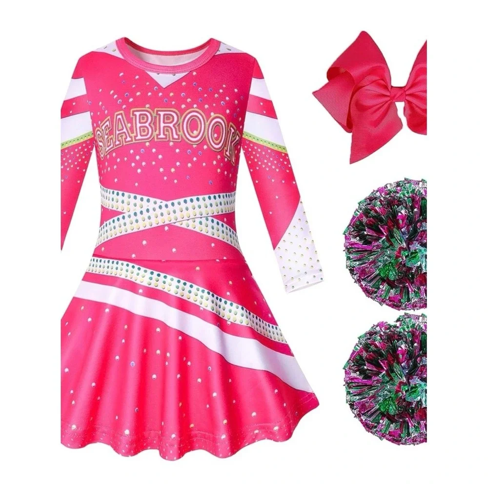 Zombies 3 Seabrook Cheerleader Costume Girls‎ Pink Dress Set Pom Poms Bow NEW